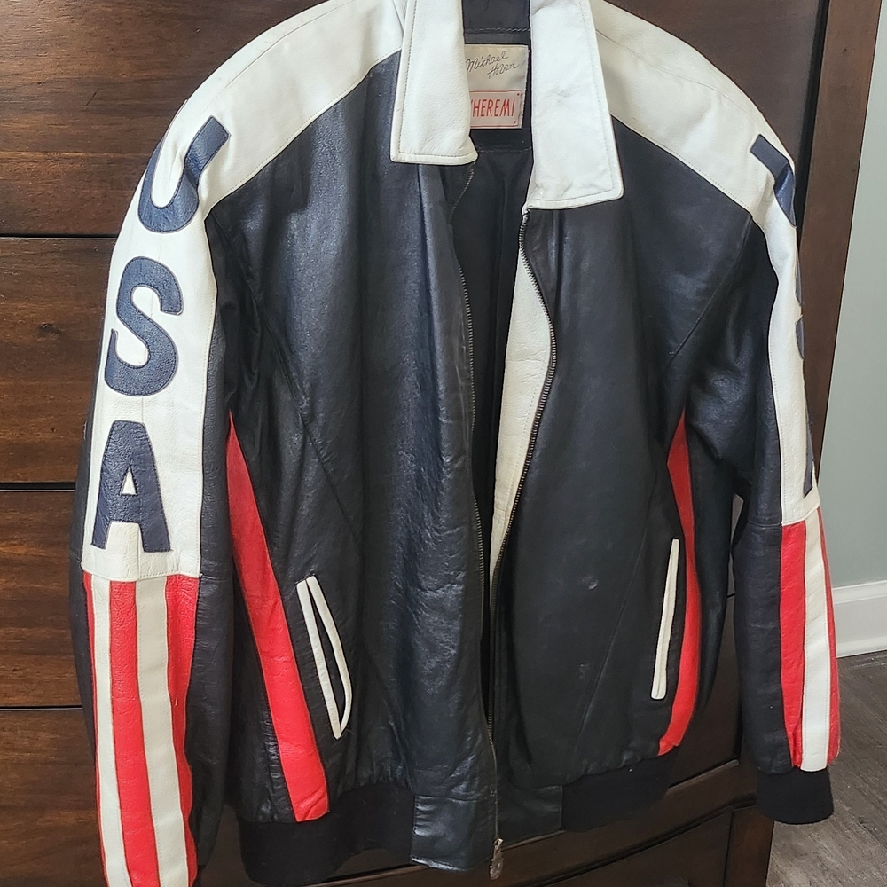 USA Leather Jacket - Black, White, Red